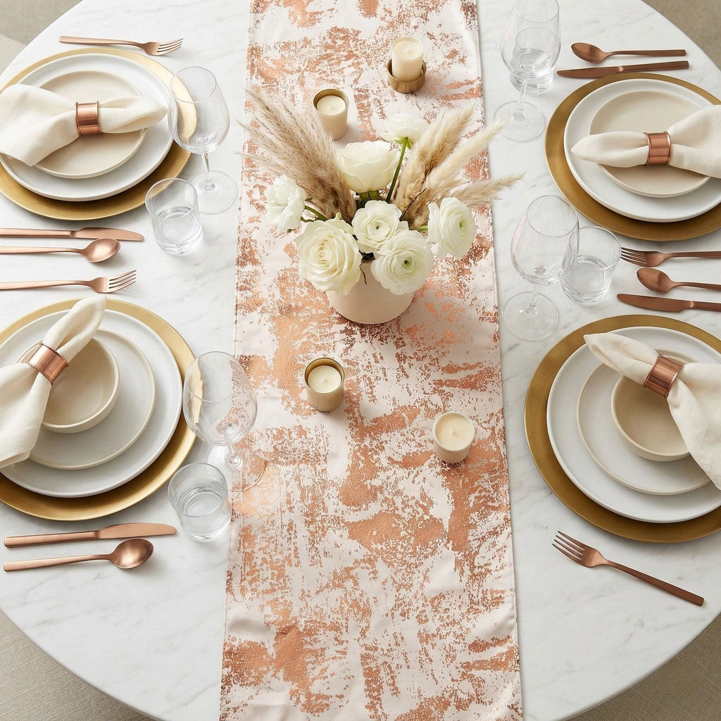 Copper velvet table runner on round marble table