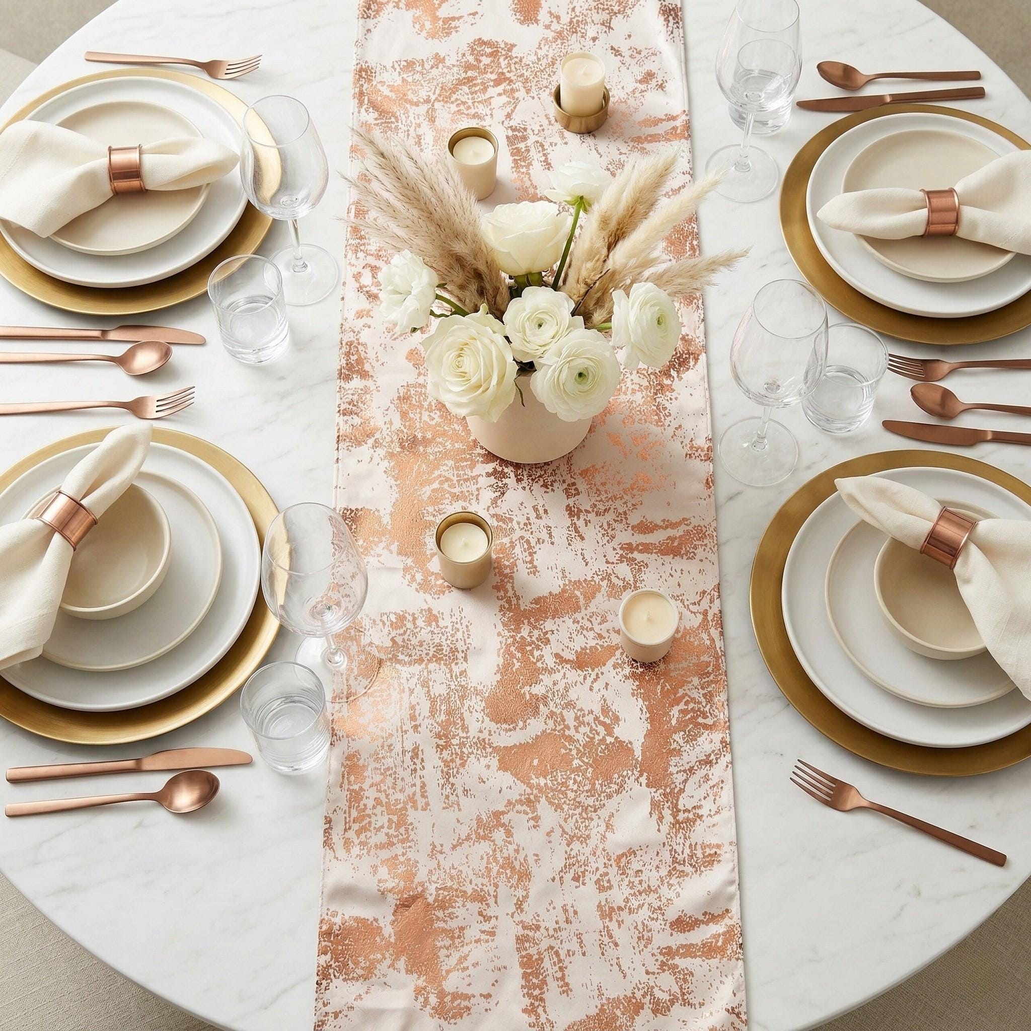 Copper velvet table runner on round marble table