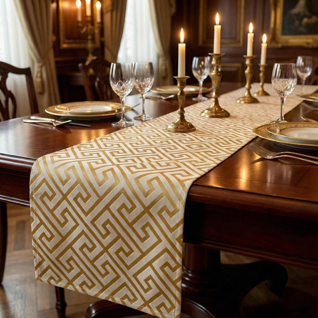 Cream and gold Greek Key velvet table runner on an elegant dining table