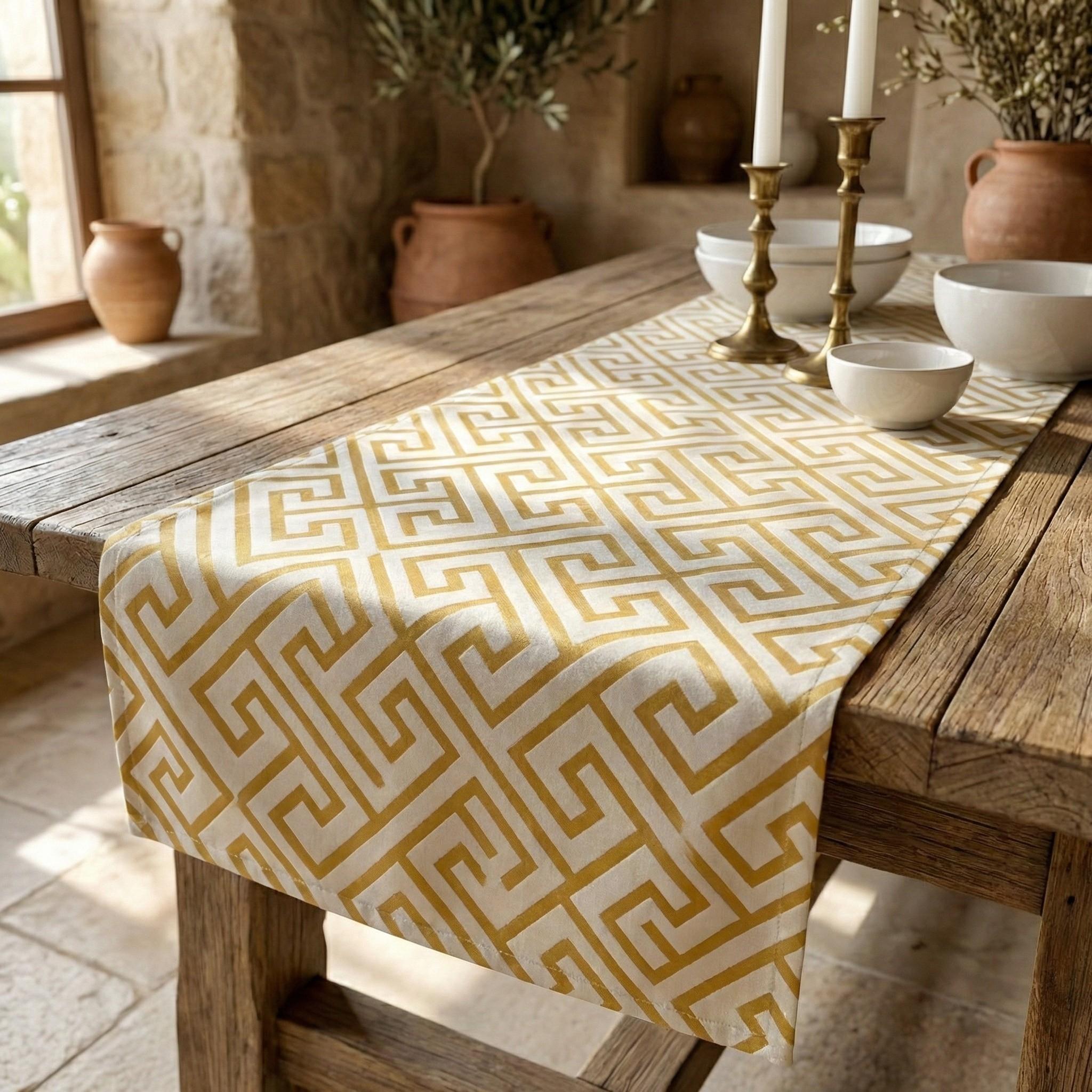 Greek Key velvet table runner on dining table