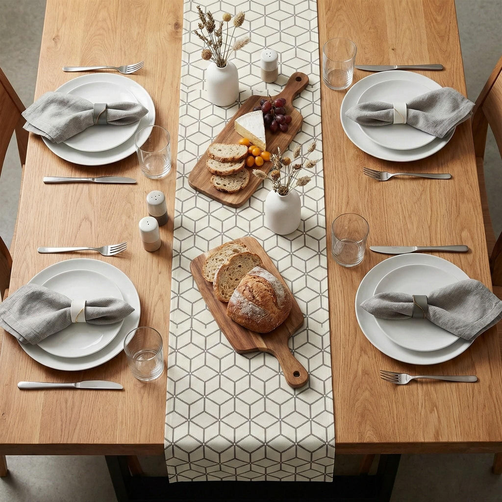 Bone geometric velvet table runner top view with place settings