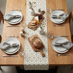 Bone geometric velvet table runner top view with place settings