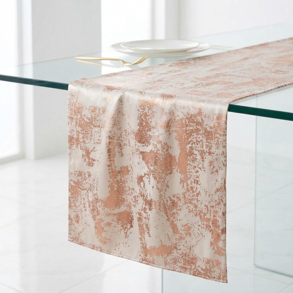 Copper velvet table runner on glass table