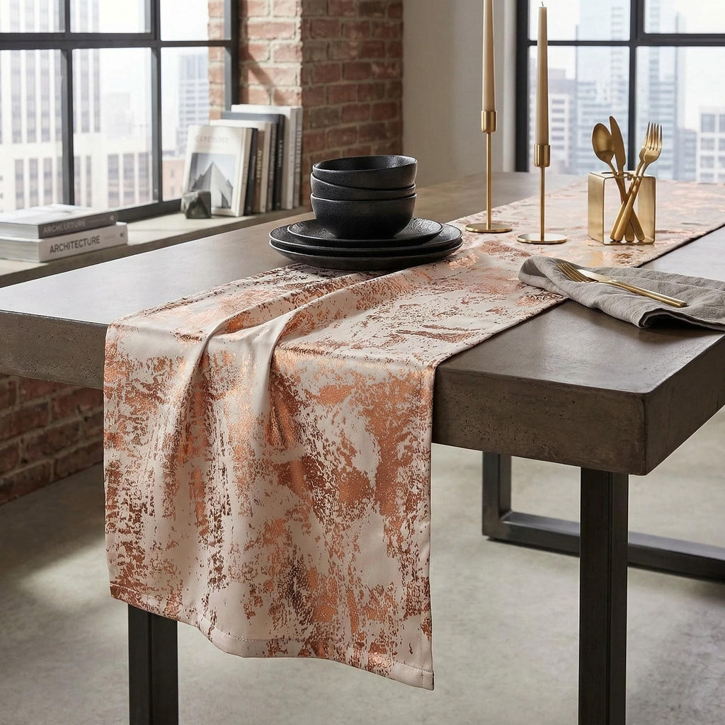 Cream copper textured velvet table runner in loft dining room
