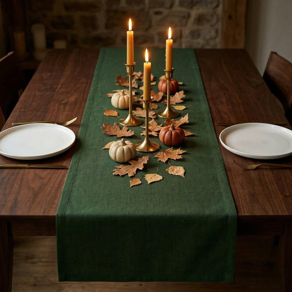 Green linen table runner on dining table