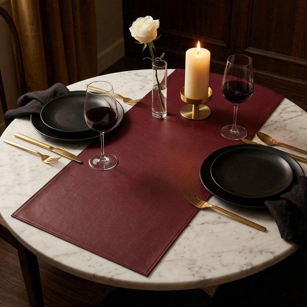 Faux leather table runner on round marble table
