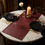 Faux leather table runner on round marble table