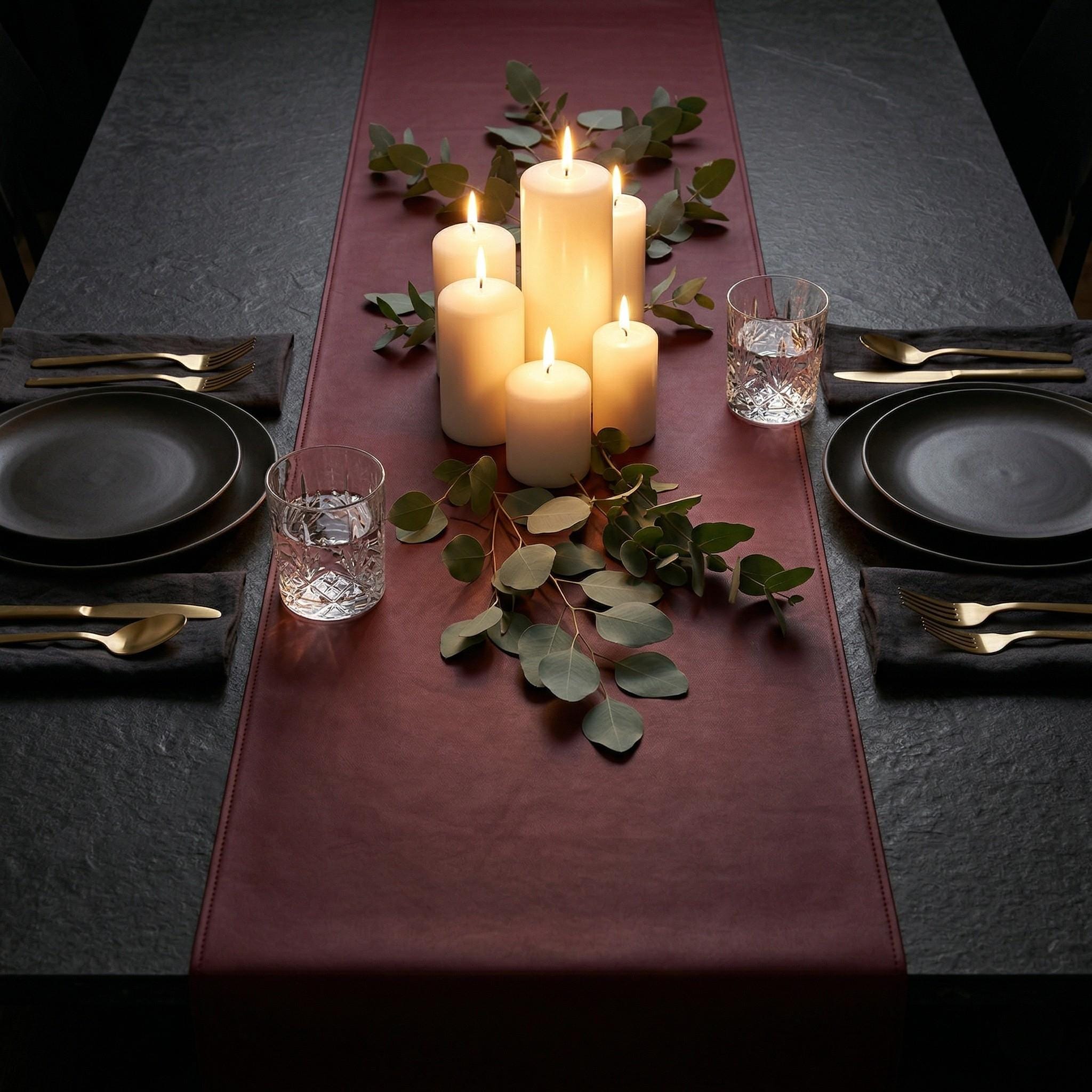 Faux leather table runner candlelit dinner