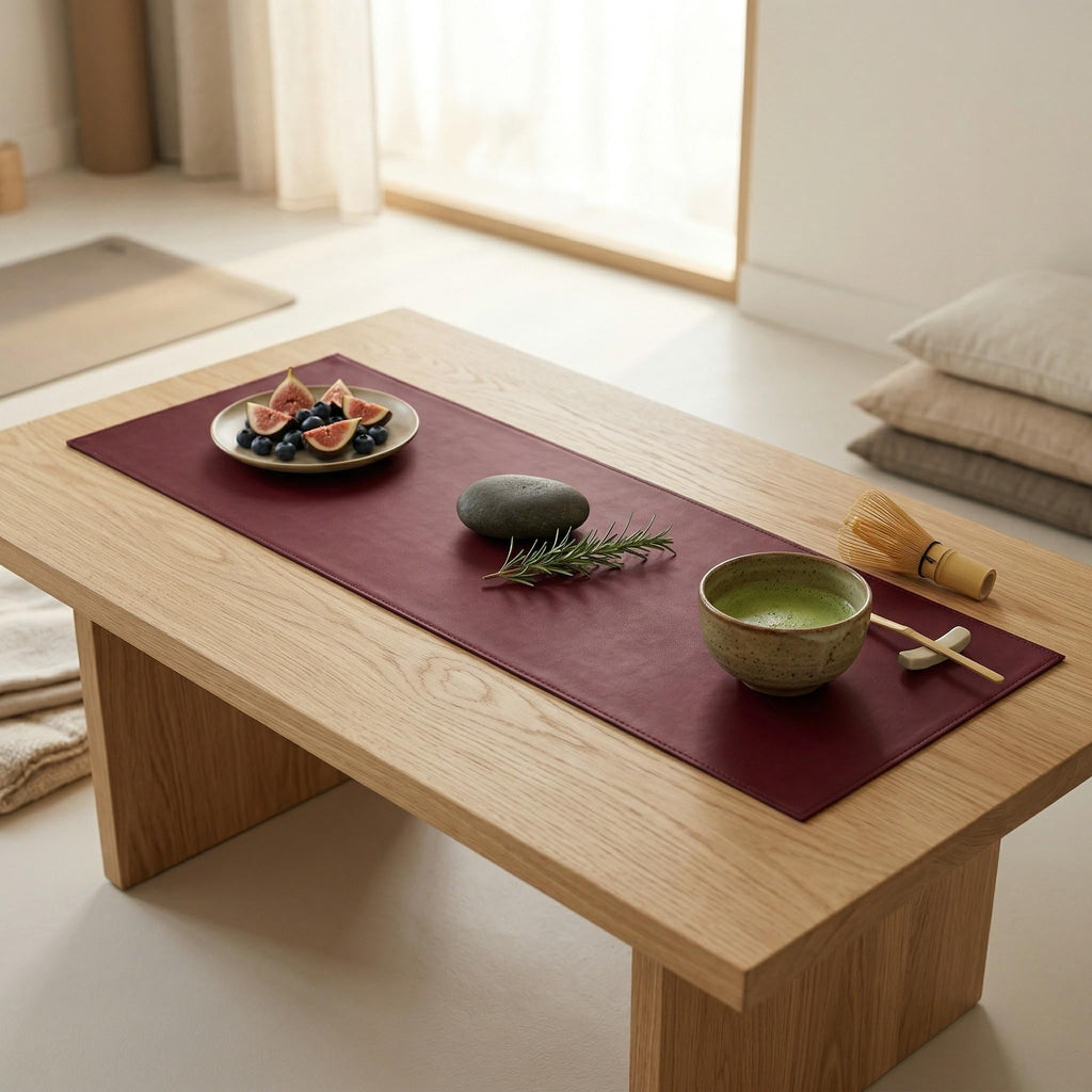 Faux leather table runner on low coffee table