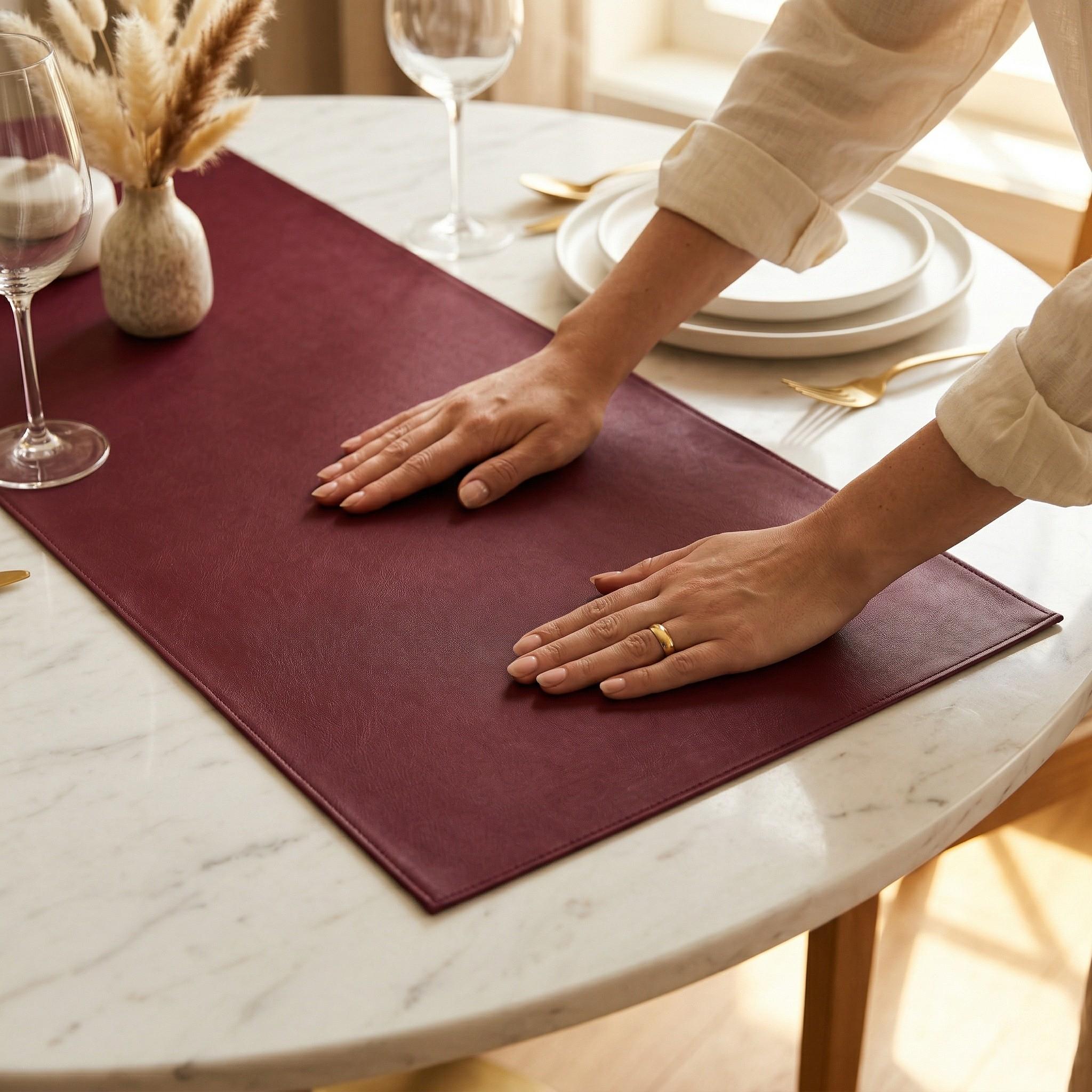 Faux leather table runner detail with hand