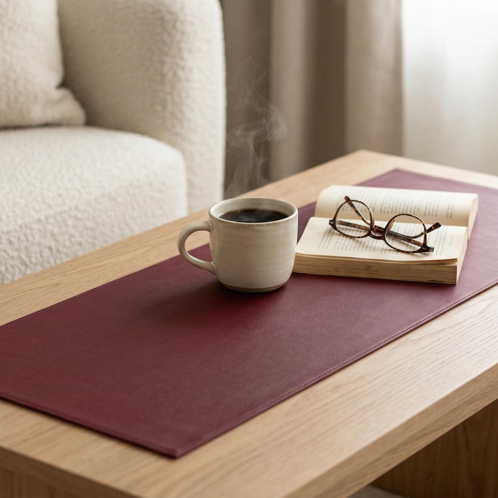 Faux leather table runner on coffee table