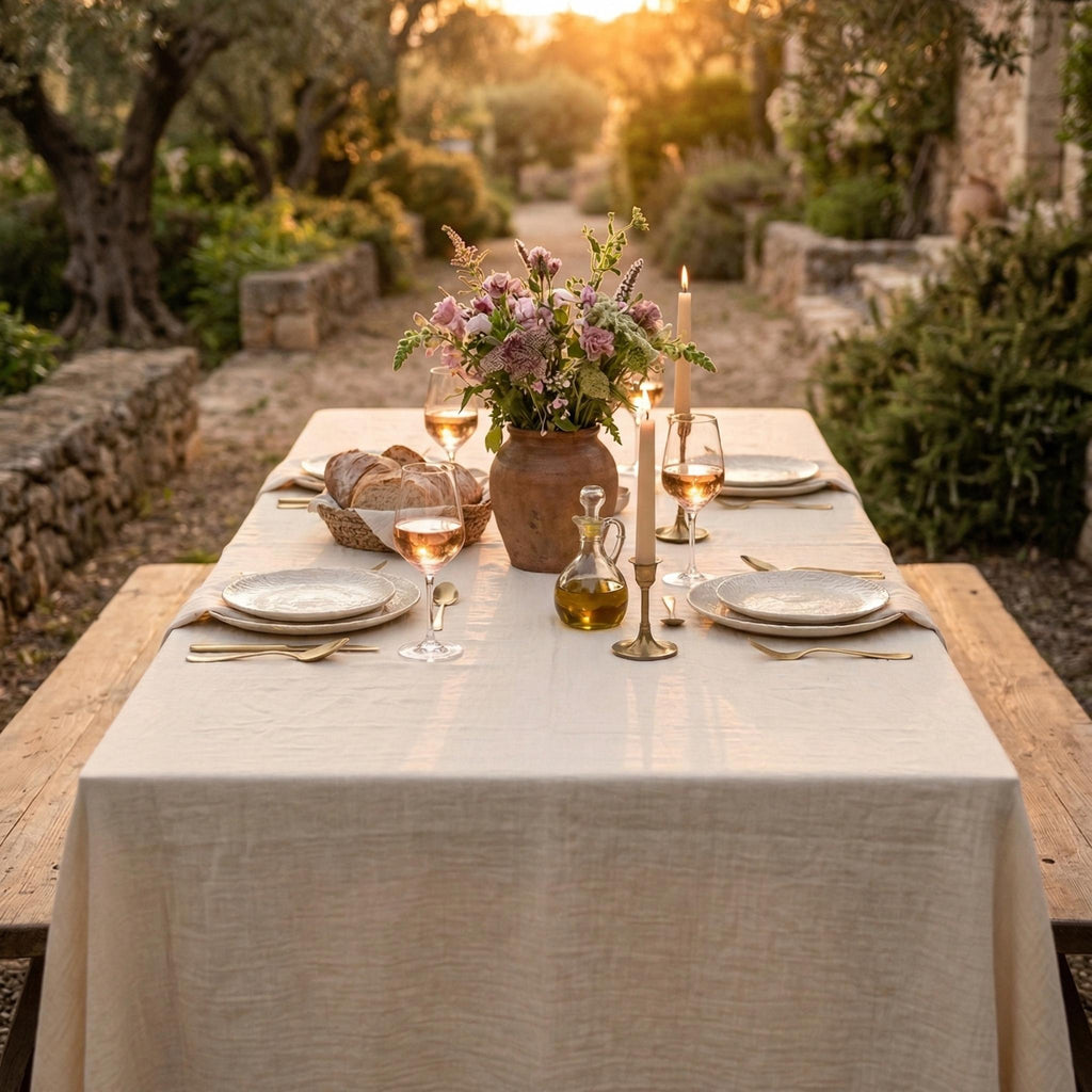 Cream tablecloth draped on banquet table