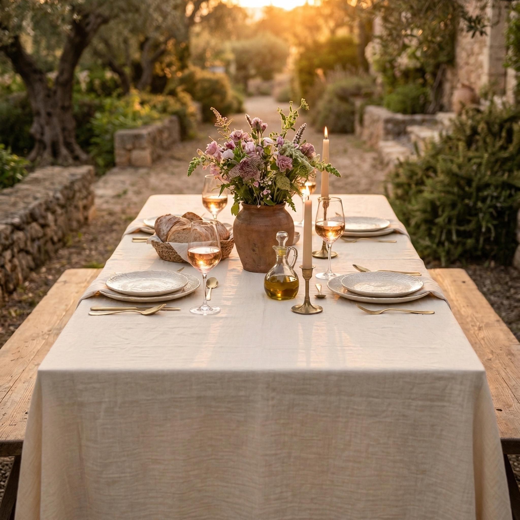 Cream tablecloth draped on banquet table