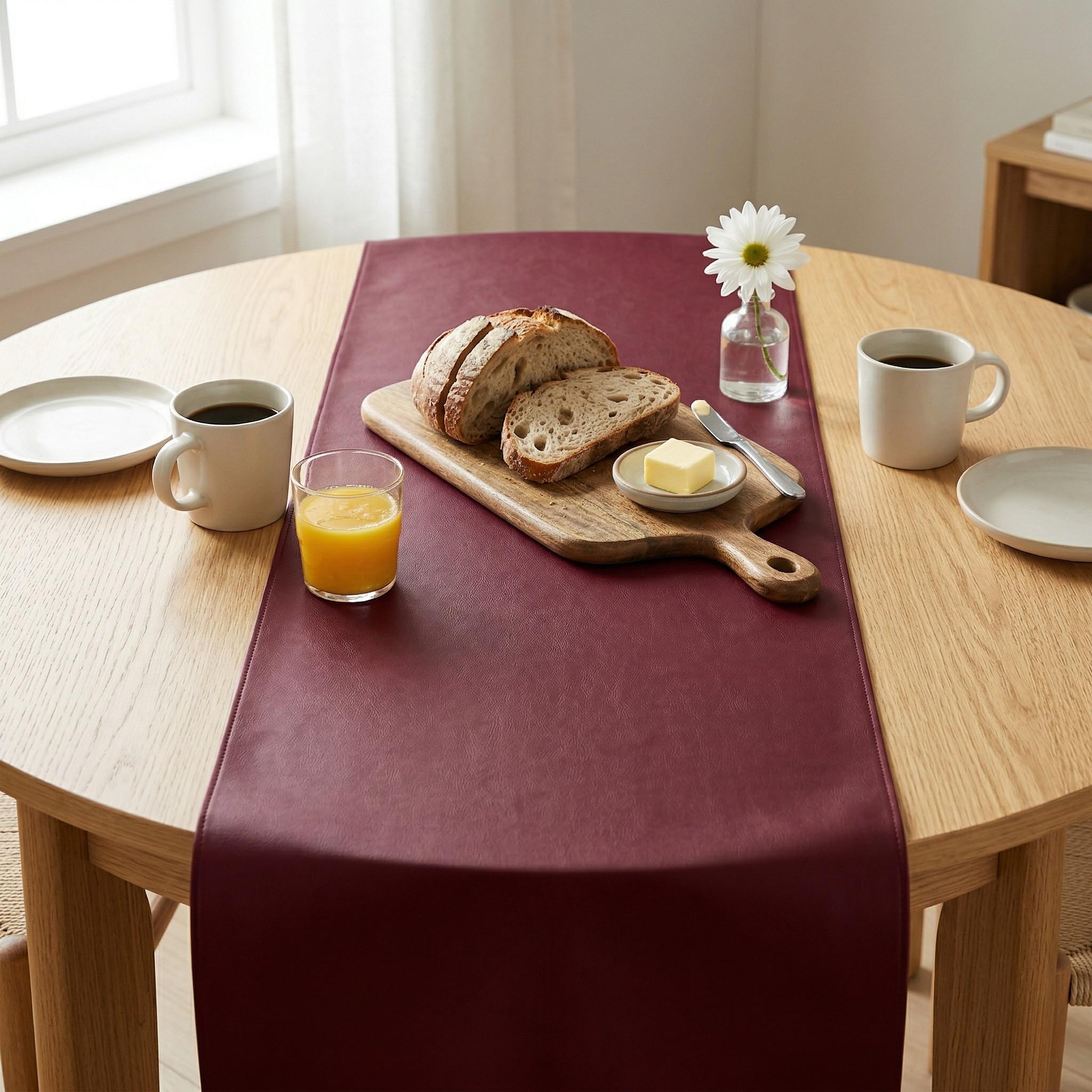 Faux leather table runner breakfast setting