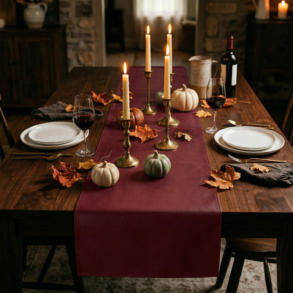 Bordeaux faux leather table runner with autumn pumpkin decor