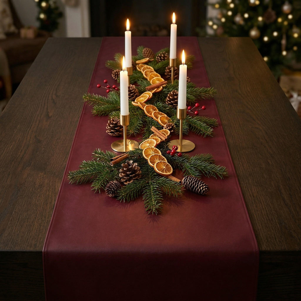 Faux leather table runner holiday centerpiece