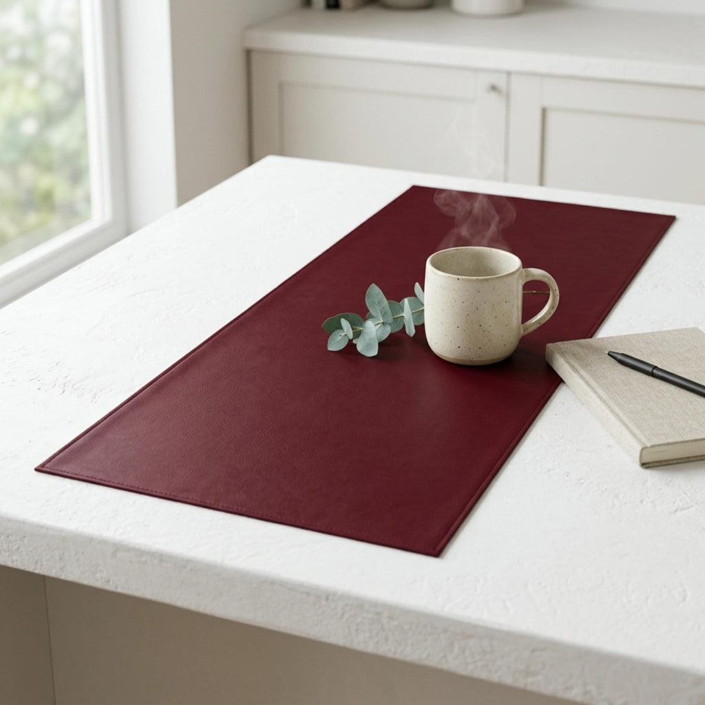 Faux leather table runner with mug styling