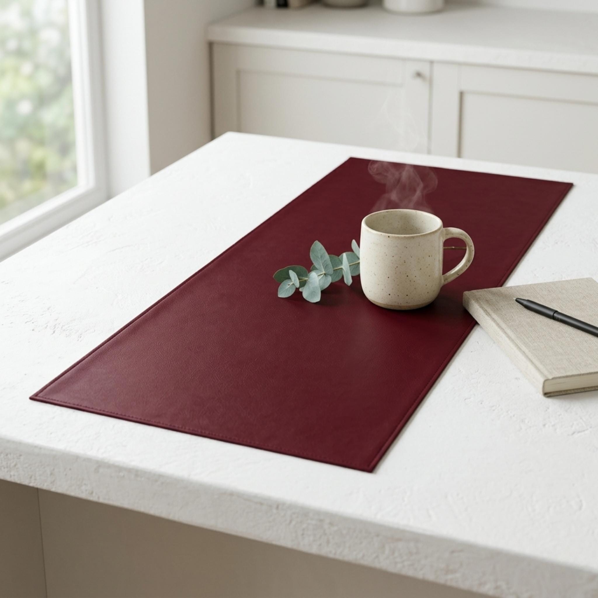 Faux leather table runner with mug styling