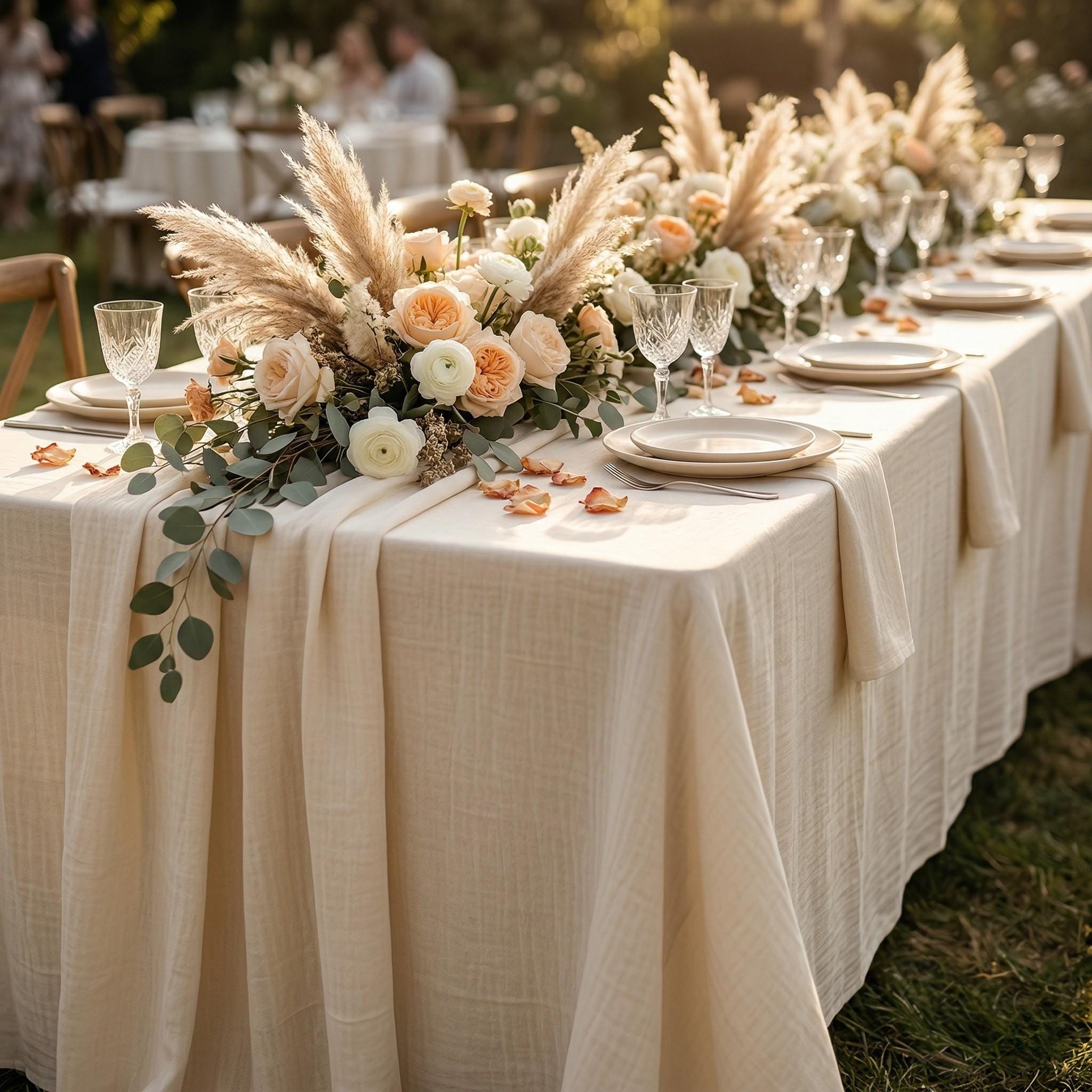 Boho table setting with gauze linen
