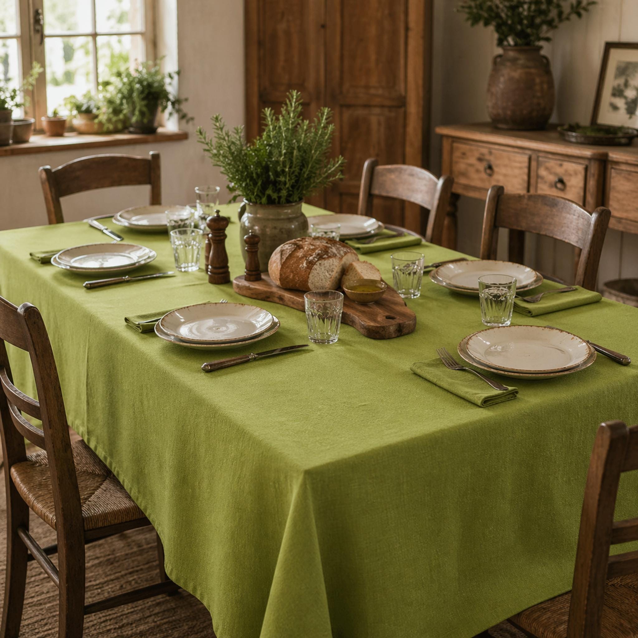 Dining table set with green tablecloth