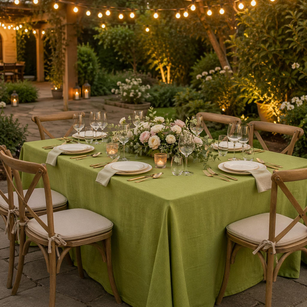 Outdoor dinner table with green tablecloth and candles