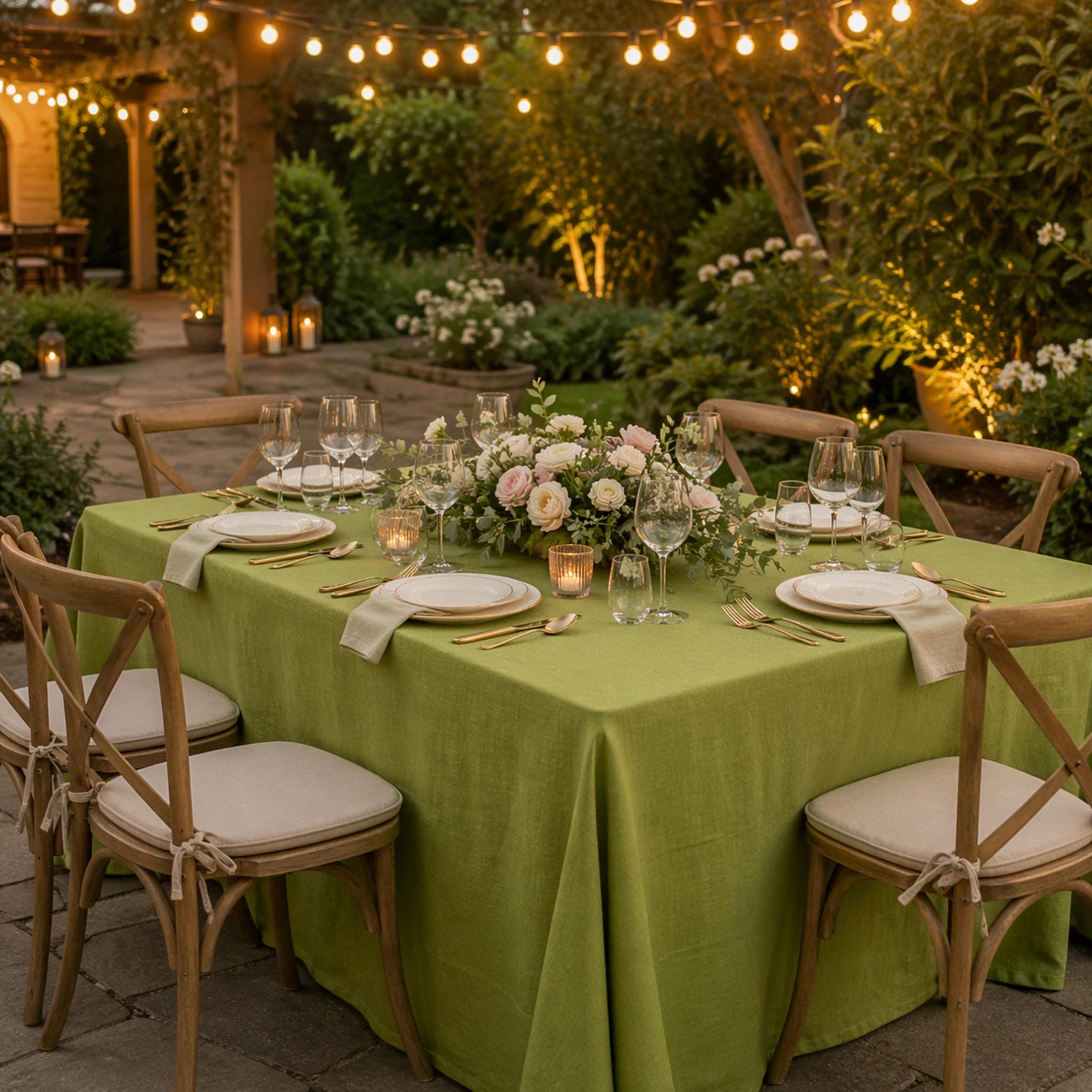 Outdoor dinner table with green tablecloth and candles