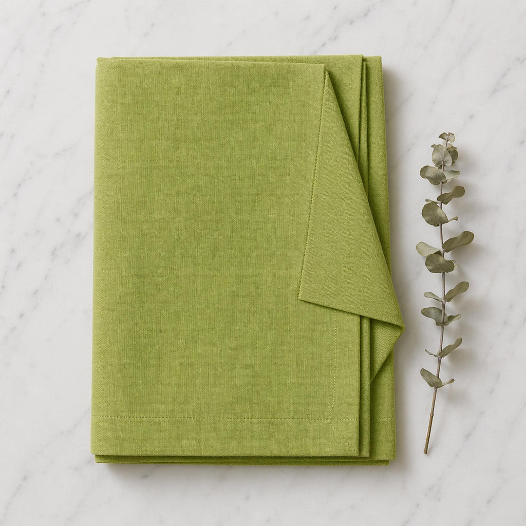Folded green linen napkins detail