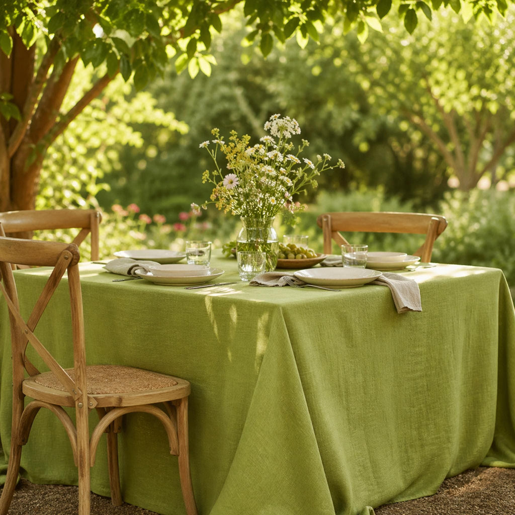 Green cotton linen tablecloth on outdoor dining table