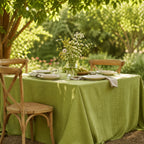 Green cotton linen tablecloth on outdoor dining table
