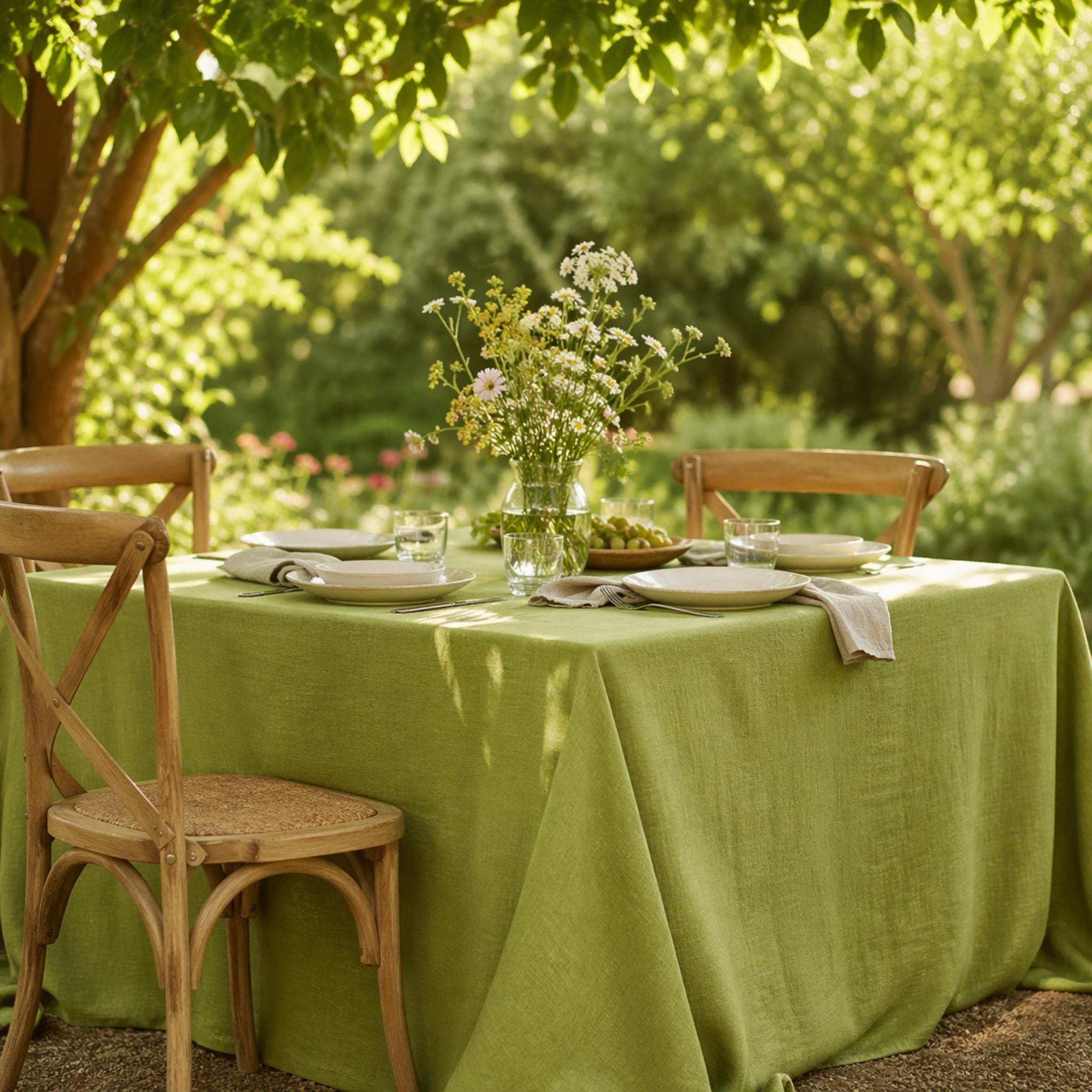 Green cotton linen tablecloth on outdoor dining table