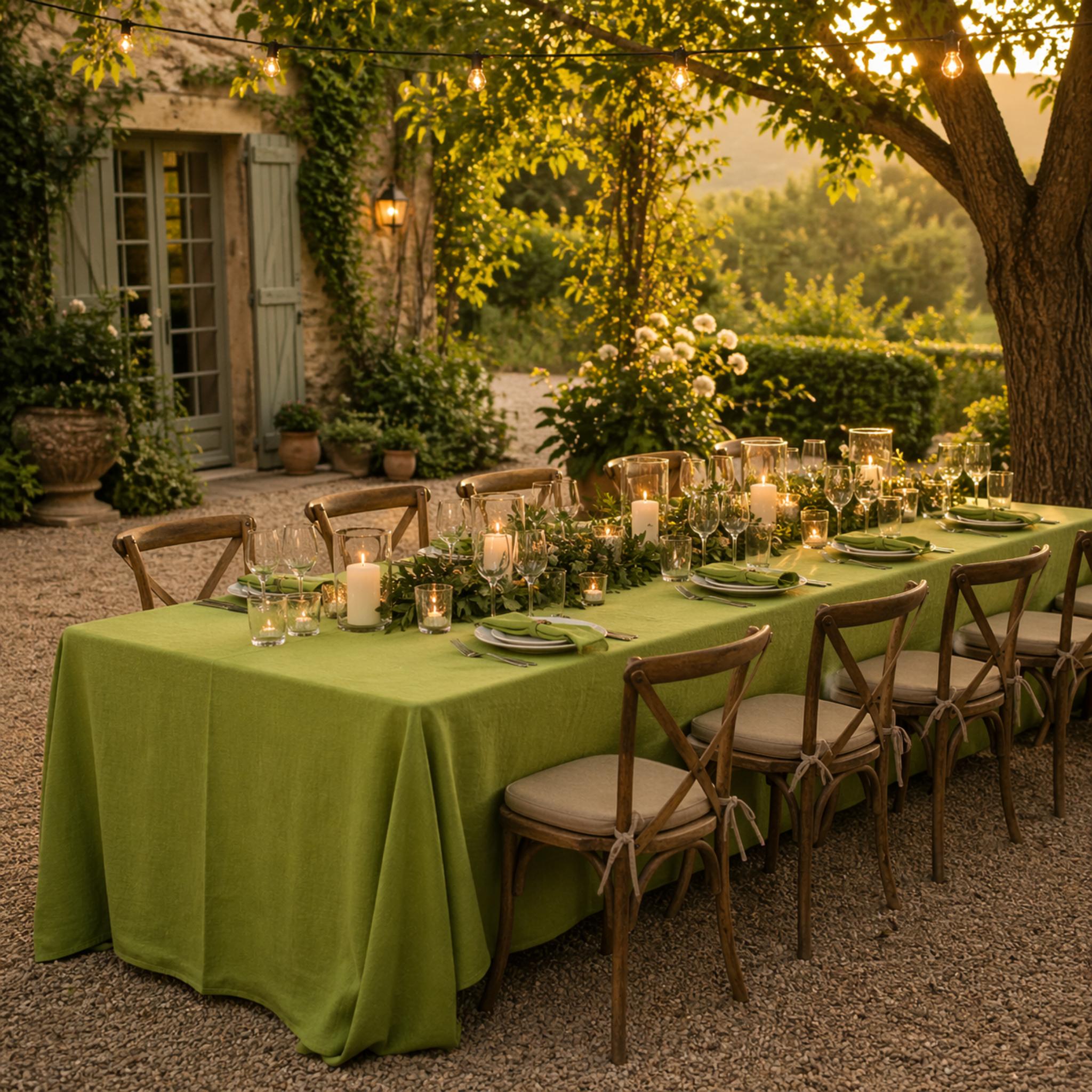 Long dinner party table with green tablecloth in garden
