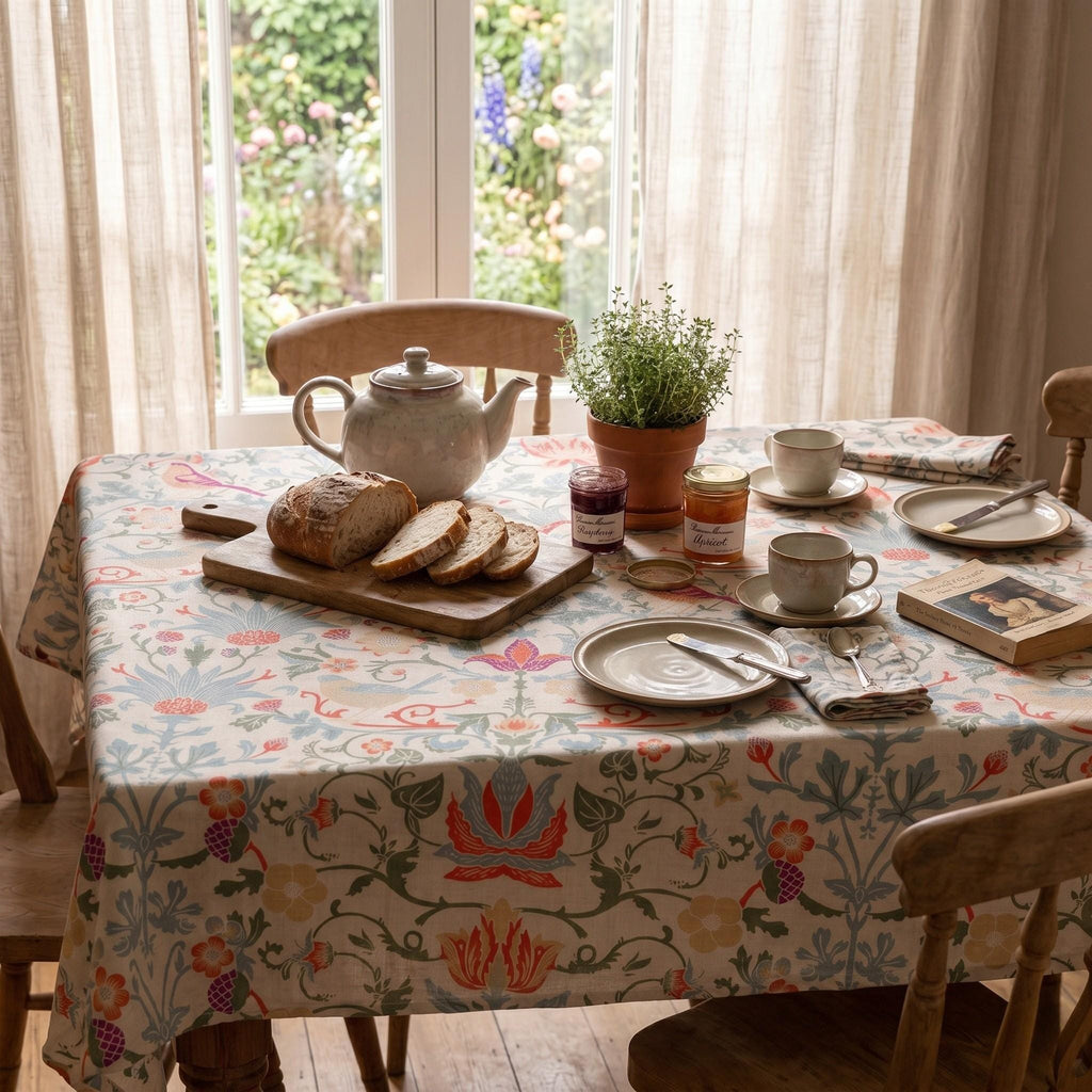 Botanical print tablecloth styling