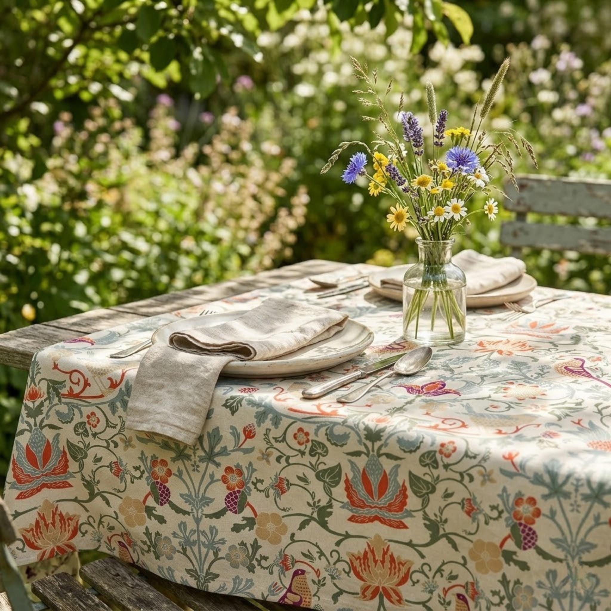 William Morris Strawberry Thief tablecloth on dining table