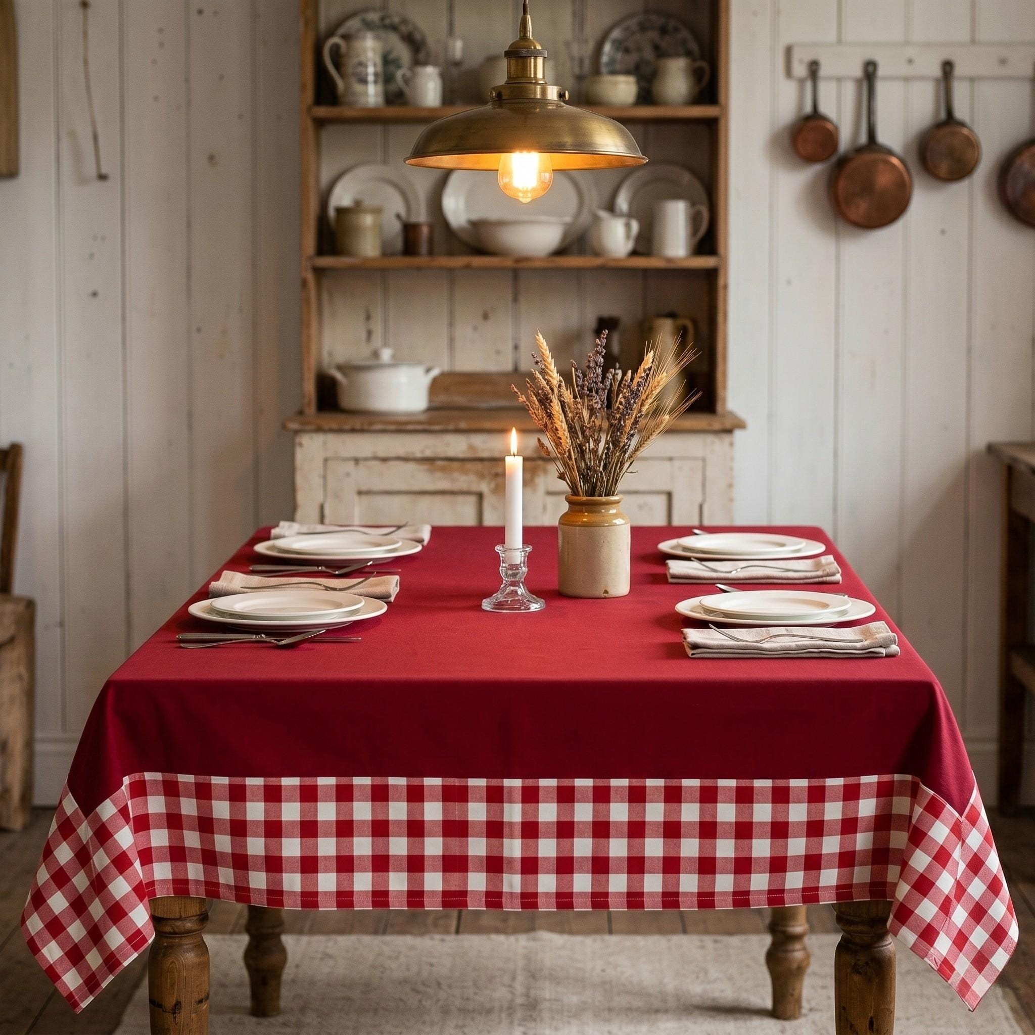 Farmhouse dining with gingham tablecloth