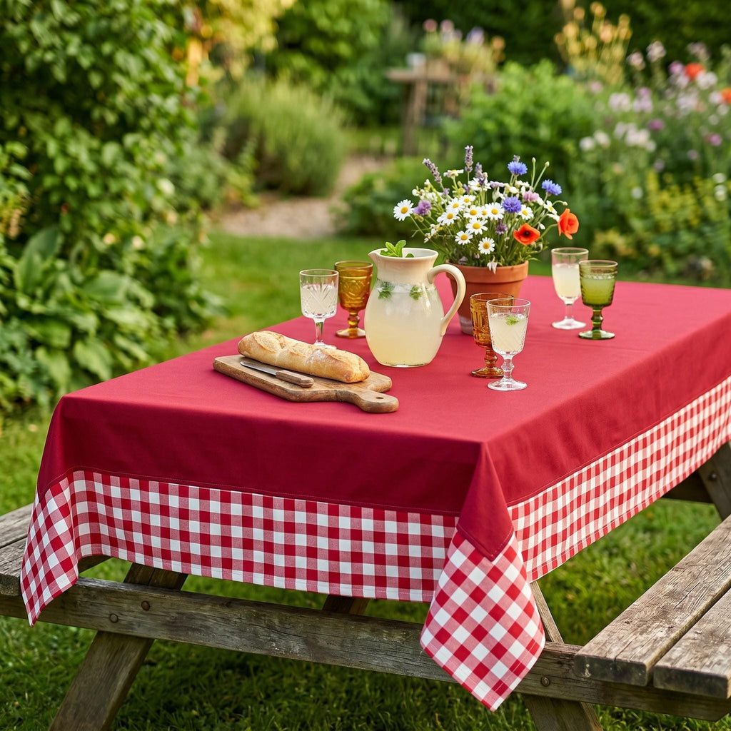 Tablecloth with gingham border on farmhouse table