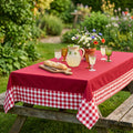 Tablecloth with gingham border on farmhouse table