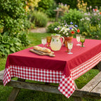 Tablecloth with gingham border on farmhouse table