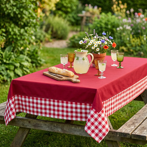 Tablecloth with gingham border on farmhouse table