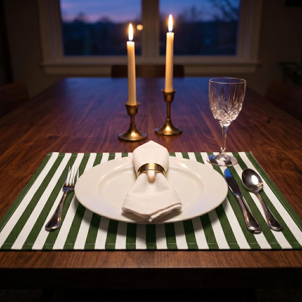 Green striped placemats on table