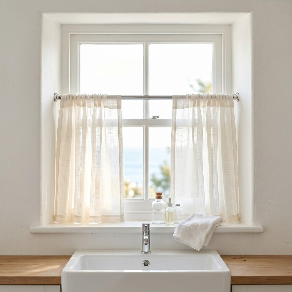 Cafe curtain in bathroom window