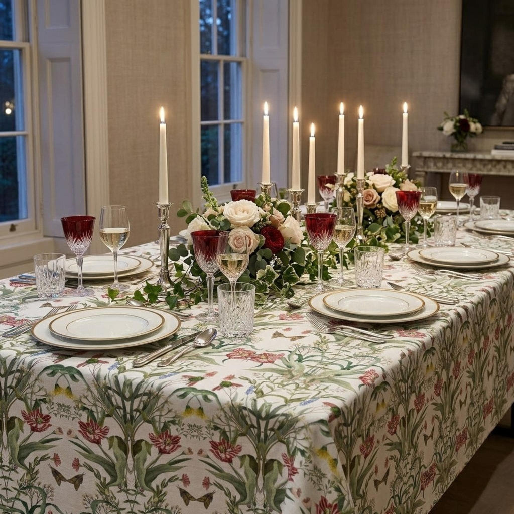 Botanical tablecloth dining decor
