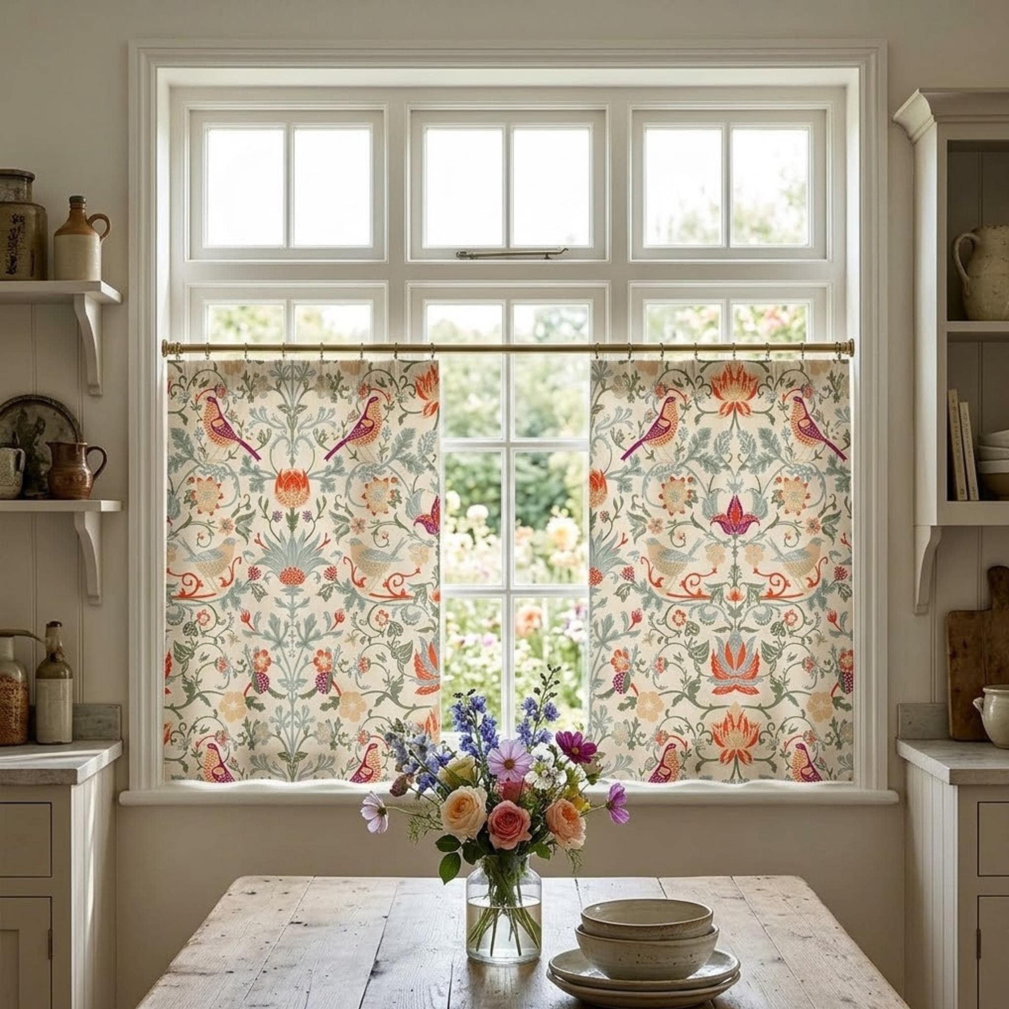 William Morris cafe curtains in kitchen window