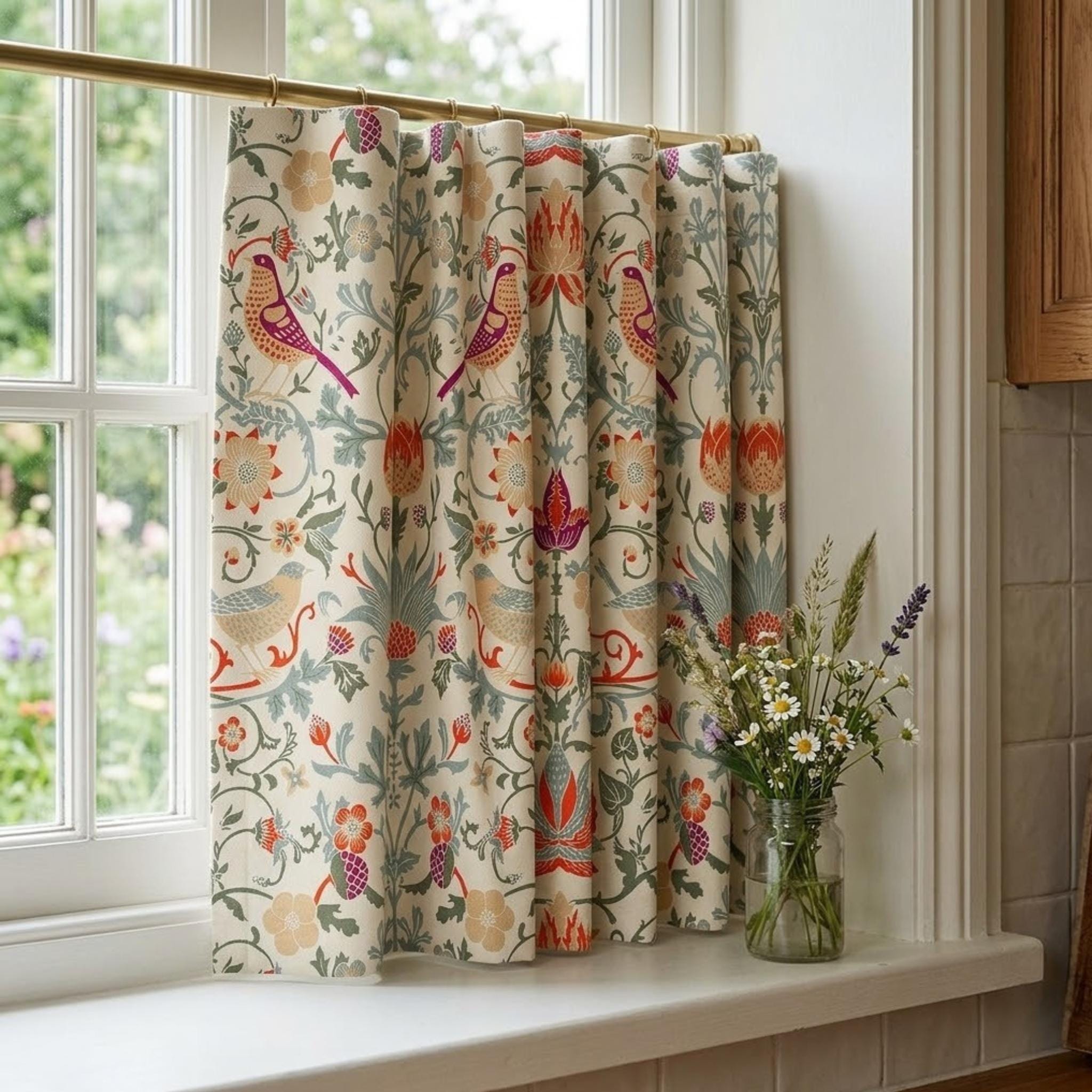 Botanical print tier drapes