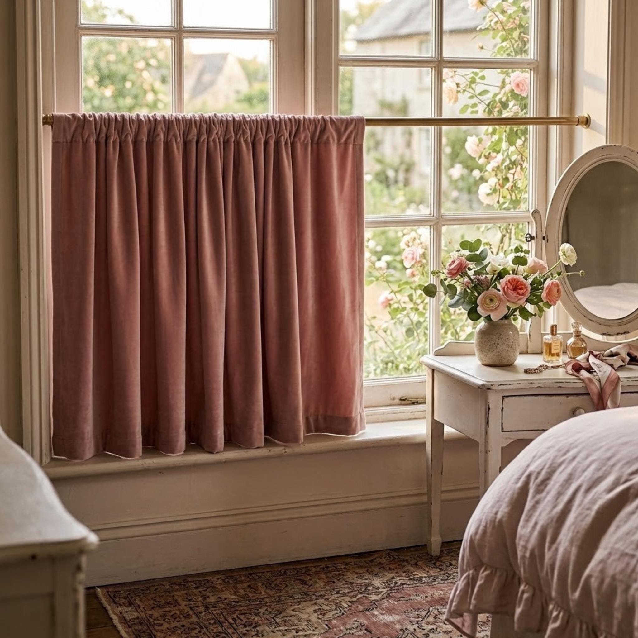 Dusty rose velvet cafe curtains