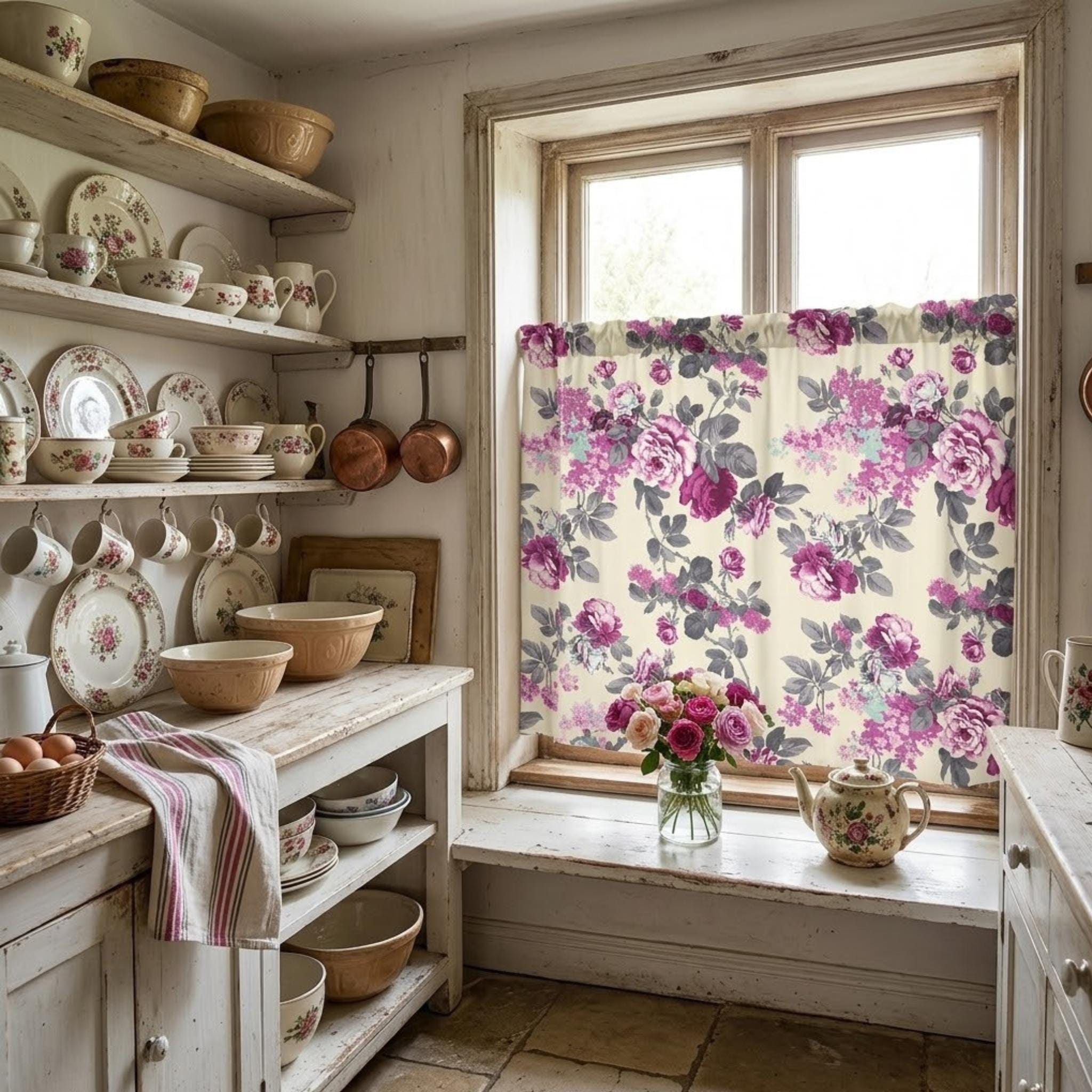 Rose print curtain styling
