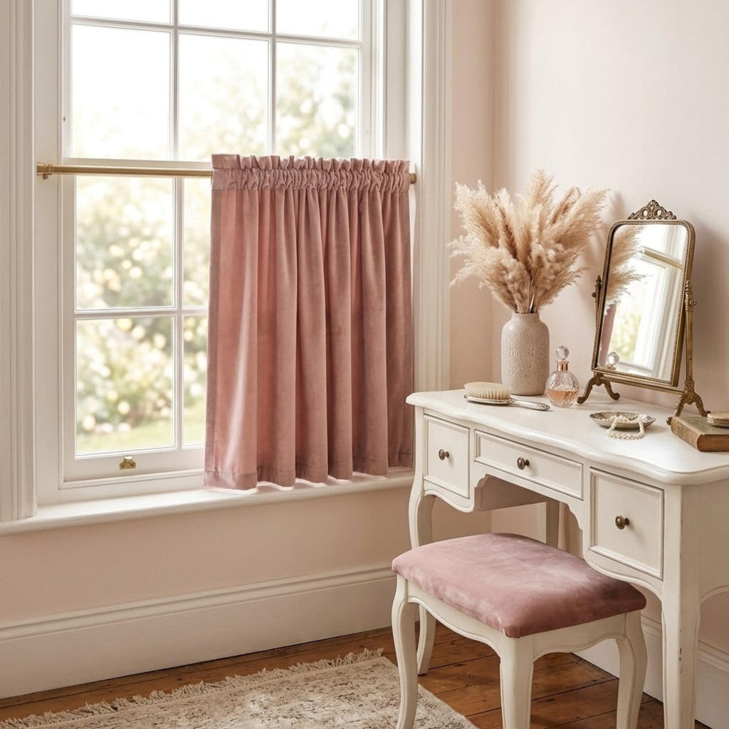 Velvet tier drapes in window