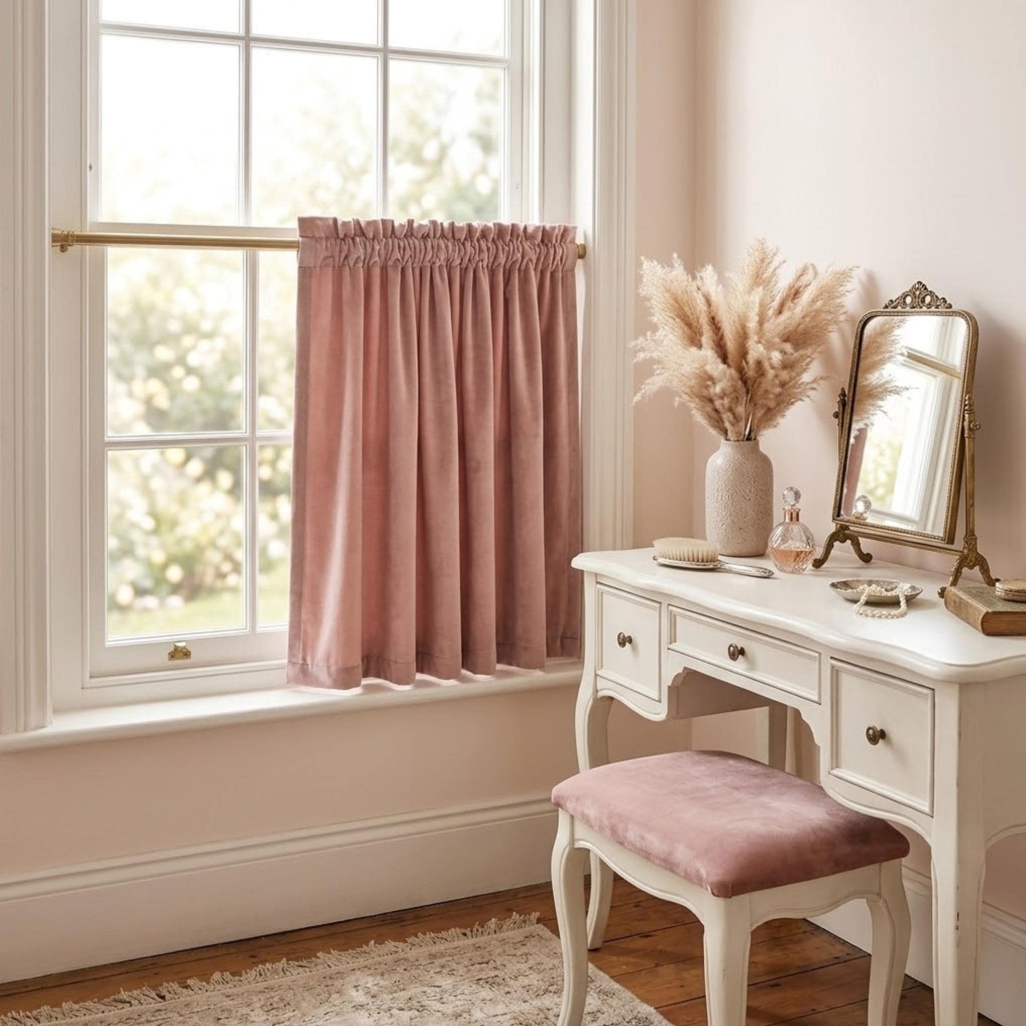 Velvet tier drapes in window