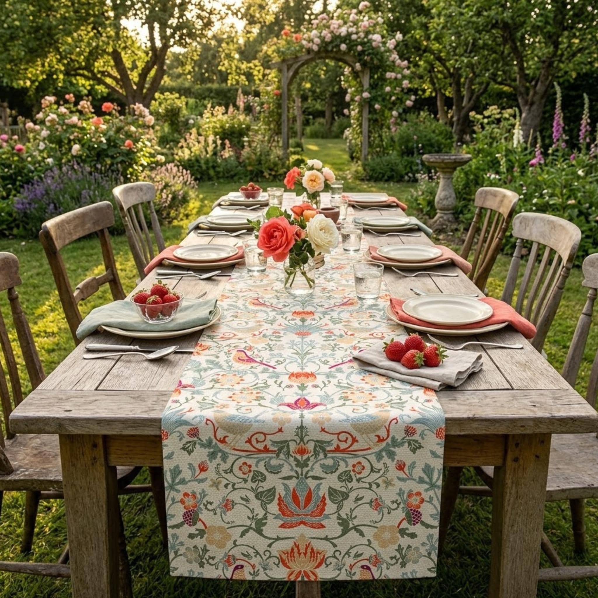 Morris print runner on wooden table