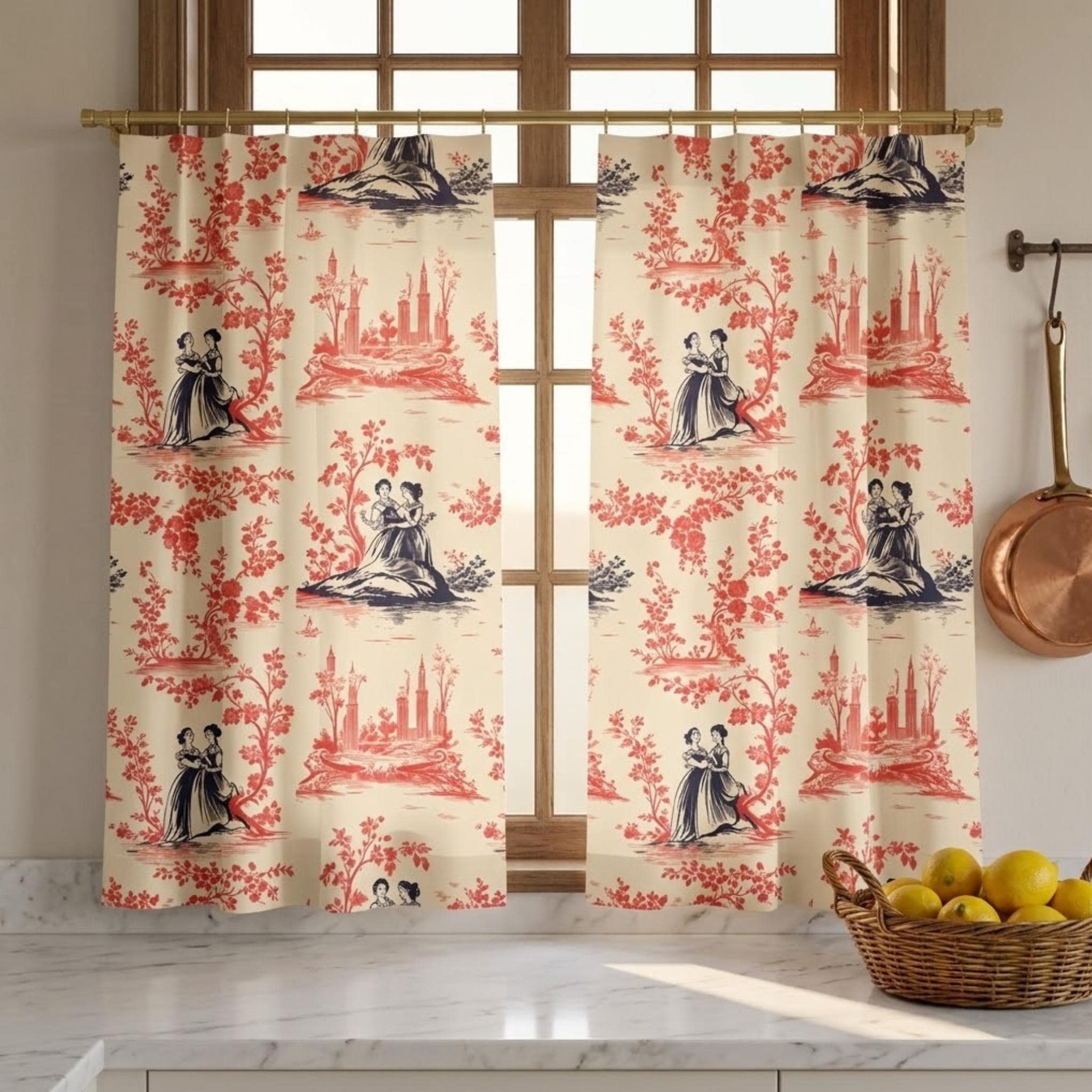 Toile de Jouy cafe curtain in French kitchen