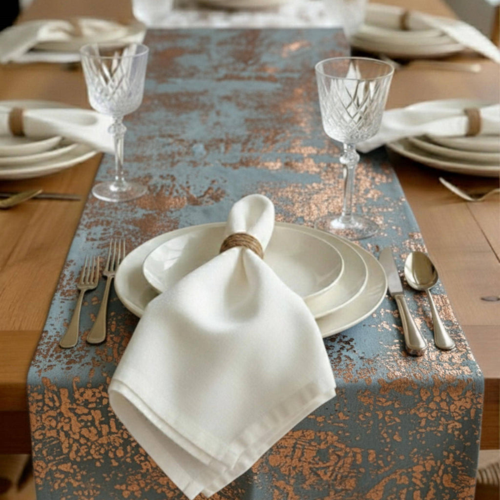 Copper textured velvet table runner on dining table